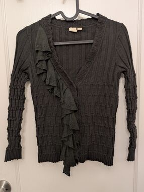Anthropologie Cardigan Sweater Wool Green Ruffle Forest Fairy Pirate Boho Size S